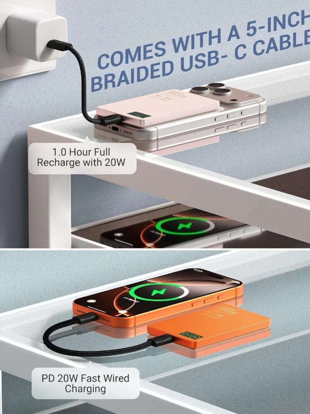 5000mAh Fast Wireless Power Bank for iPhone & Apple Watch, Ultra Slim 3-in-1